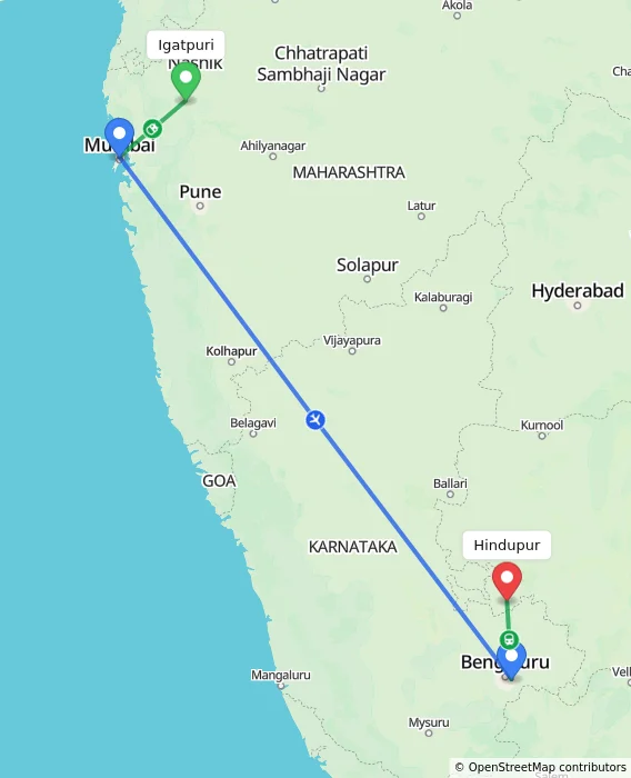 Route map showing distance and travel time from Igatpuri, India to Hindupur, India