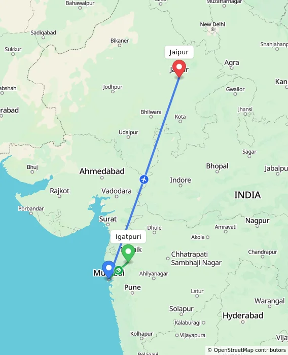 Route map showing distance and travel time from Igatpuri, India to Jaipur, India