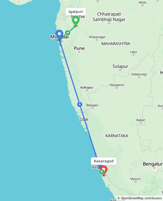 Route map showing distance and travel time from Igatpuri, India to Kasaragod, India