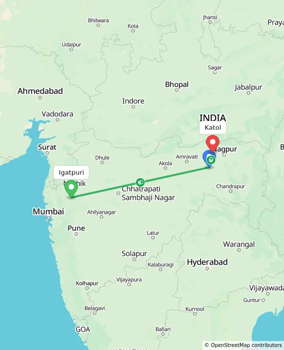 Route map showing distance and travel time from Igatpuri, India to Katol, India