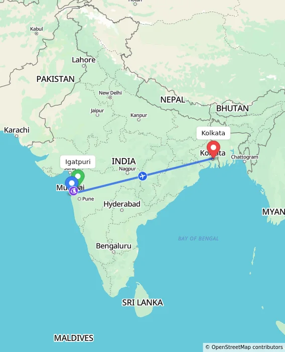 Route map showing distance and travel time from Igatpuri, India to Kolkata, India