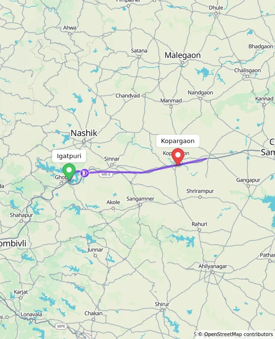 Route map showing distance and travel time from Igatpuri, India to Kopargaon, India