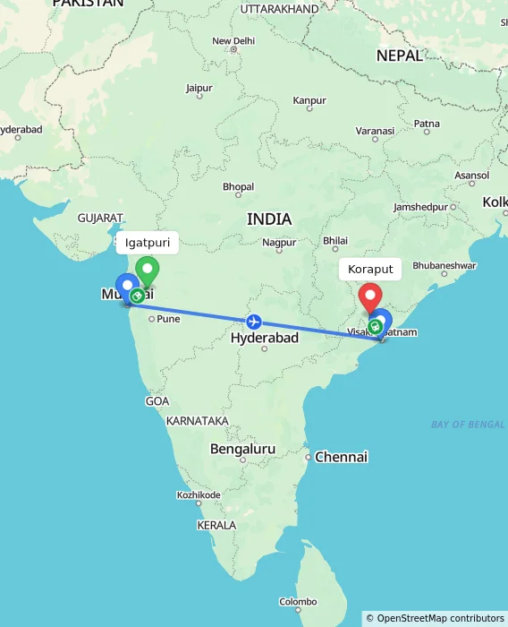 Route map showing distance and travel time from Igatpuri, India to Koraput, India
