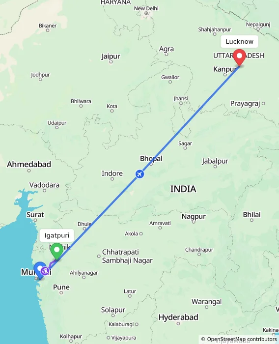 Route map showing distance and travel time from Igatpuri, India to Lucknow, India