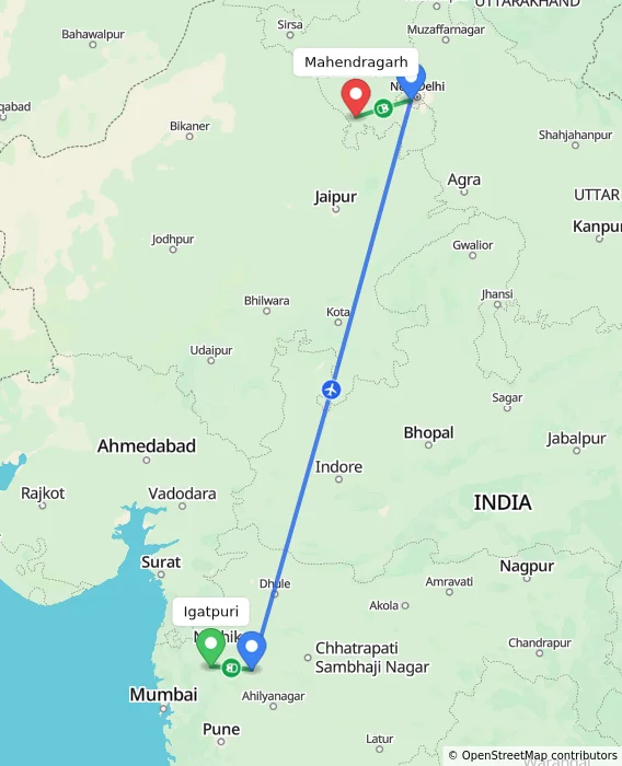 Route map showing distance and travel time from Igatpuri, India to Mahendragarh, India