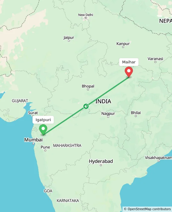 Route map showing distance and travel time from Igatpuri, India to Maihar, India