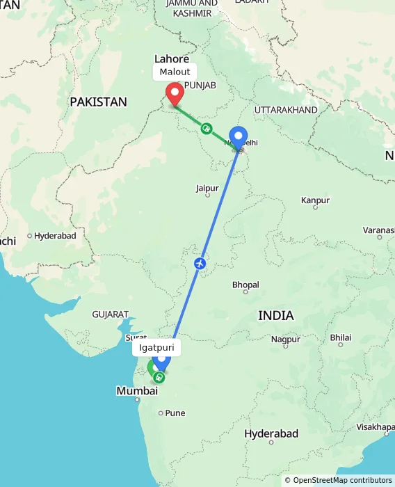 Route map showing distance and travel time from Igatpuri, India to Malout, India