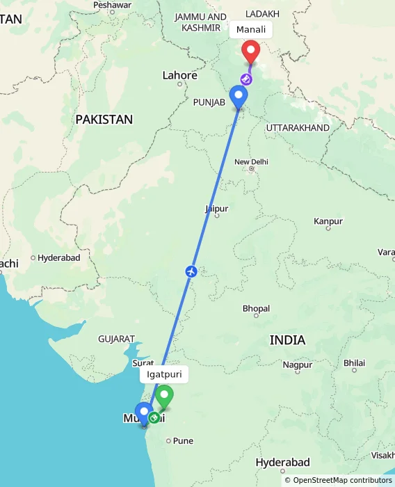 Route map showing distance and travel time from Igatpuri, India to Manali, India