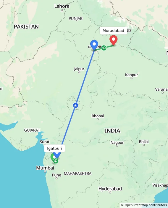 Route map showing distance and travel time from Igatpuri, India to Moradabad, India