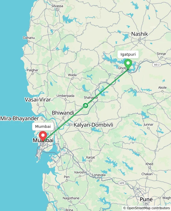 Route map showing distance and travel time from Igatpuri, India to Mumbai, India