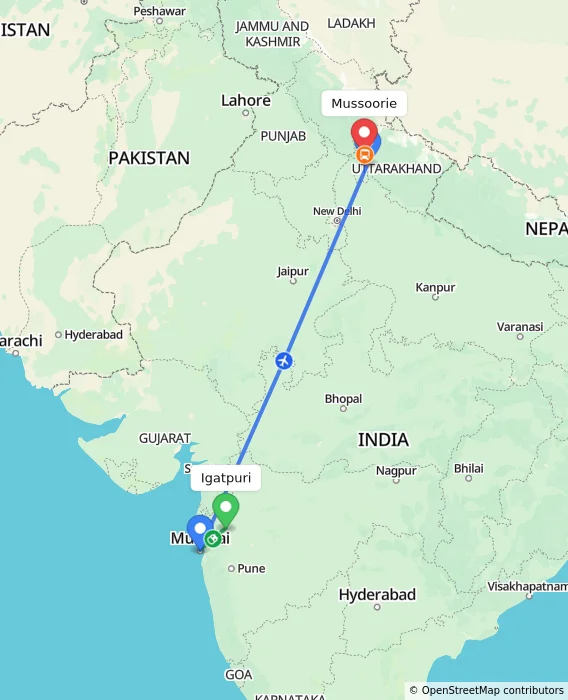 Route map showing distance and travel time from Igatpuri, India to Mussoorie, India