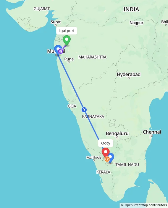 Route map showing distance and travel time from Igatpuri, India to Ooty, India