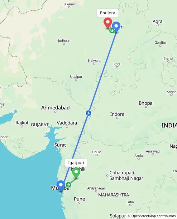 Route map showing distance and travel time from Igatpuri, India to Phulera, India
