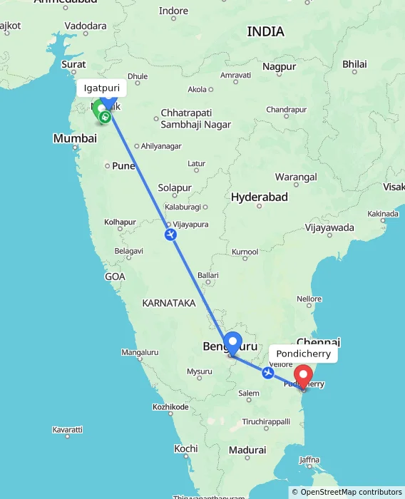 Route map showing distance and travel time from Igatpuri, India to Pondicherry, India
