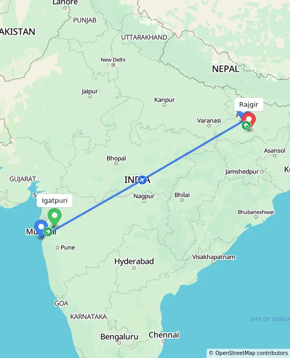 Route map showing distance and travel time from Igatpuri, India to Rajgir, India