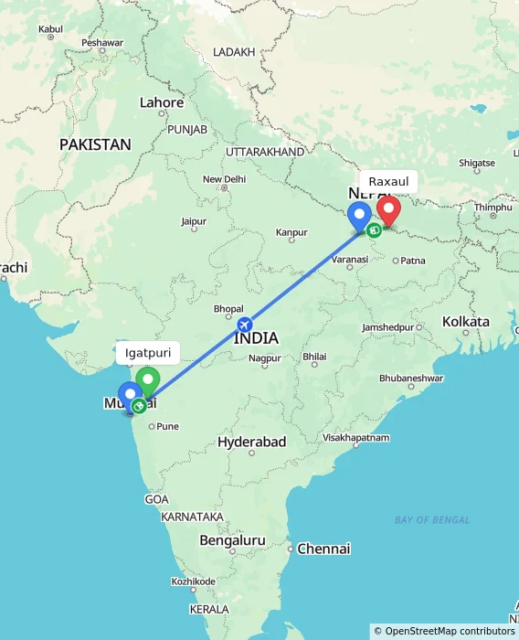 Route map showing distance and travel time from Igatpuri, India to Raxaul, India