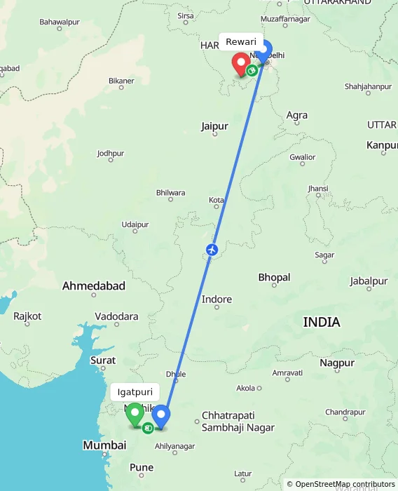 Route map showing distance and travel time from Igatpuri, India to Rewari, India