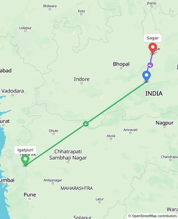 Route map showing distance and travel time from Igatpuri, India to Sagar, India