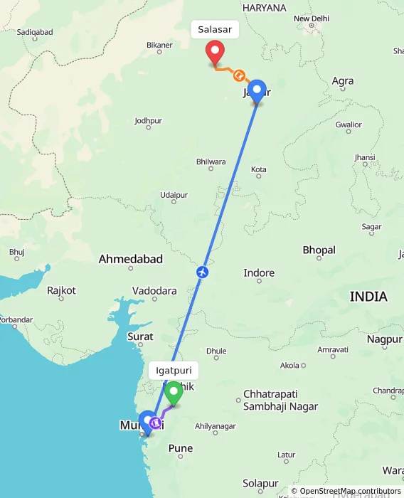 Route map showing distance and travel time from Igatpuri, India to Salasar, India