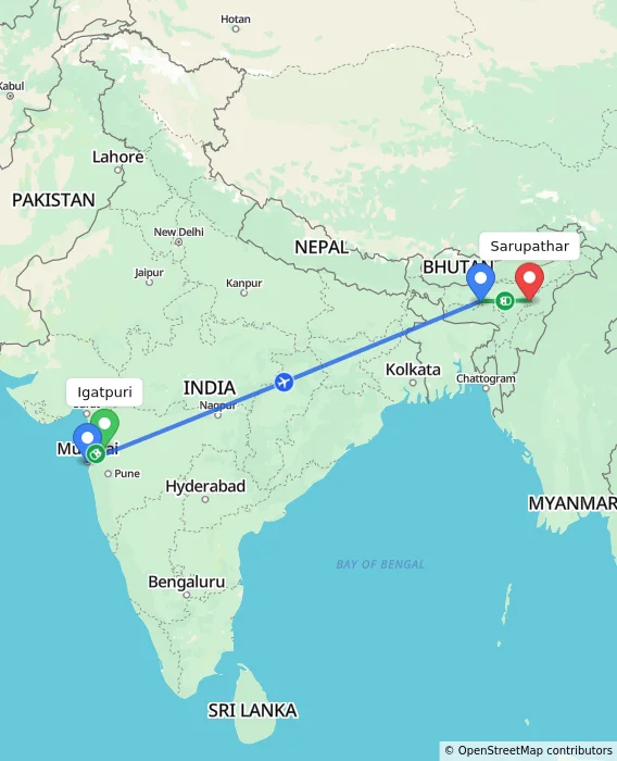 Route map showing distance and travel time from Igatpuri, India to Sarupathar, India