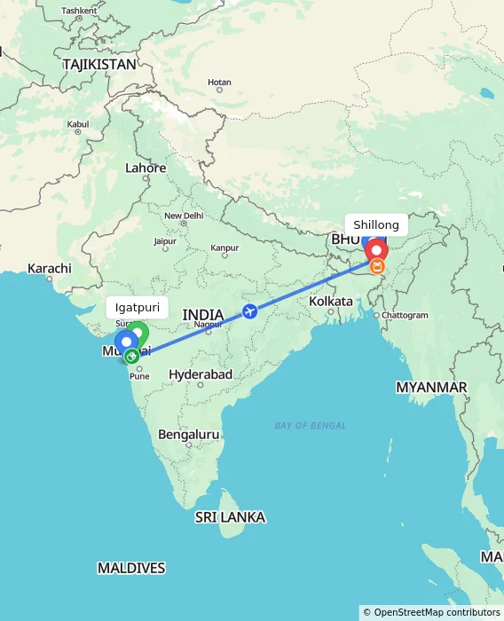 Route map showing distance and travel time from Igatpuri, India to Shillong, India