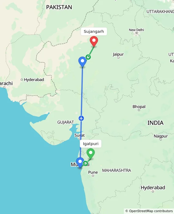 Route map showing distance and travel time from Igatpuri, India to Sujangarh, India