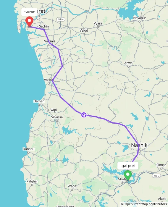 Route map showing distance and travel time from Igatpuri, India to Surat, India