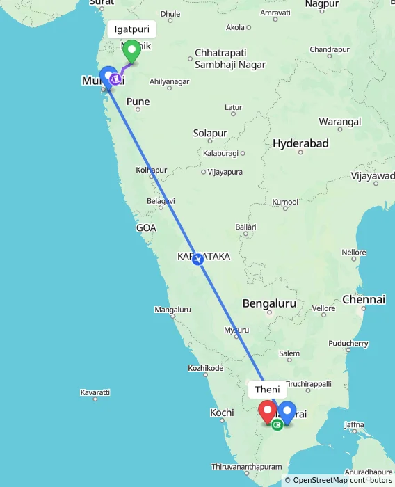Route map showing distance and travel time from Igatpuri, India to Theni, India