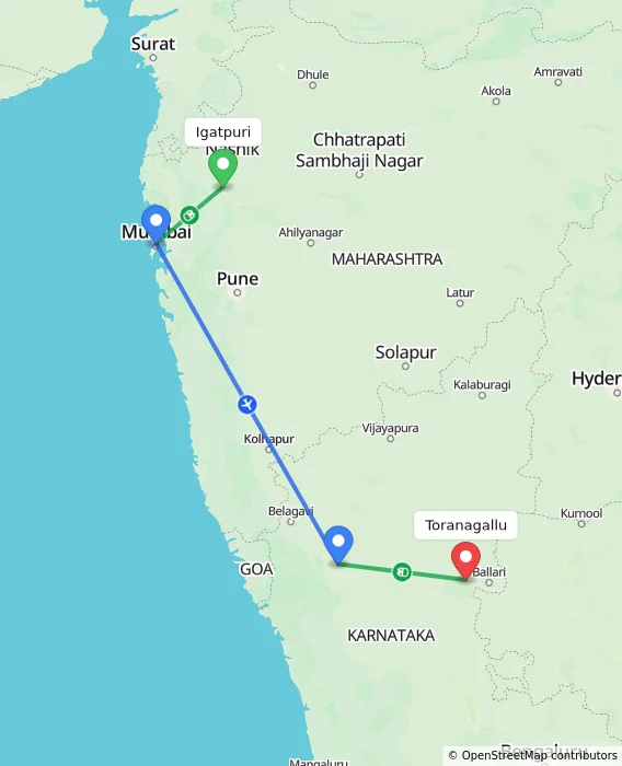 Route map showing distance and travel time from Igatpuri, India to Toranagallu, India