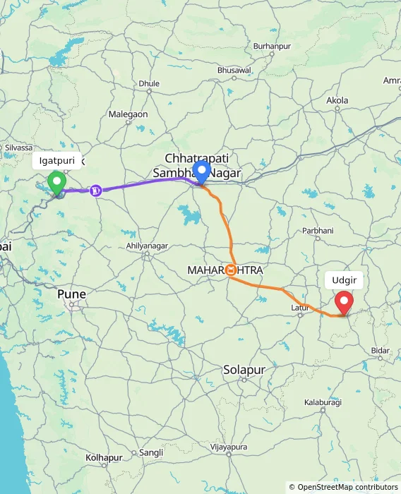 Route map showing distance and travel time from Igatpuri, India to Udgir, India