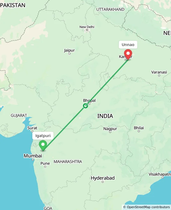 Route map showing distance and travel time from Igatpuri, India to Unnao, India