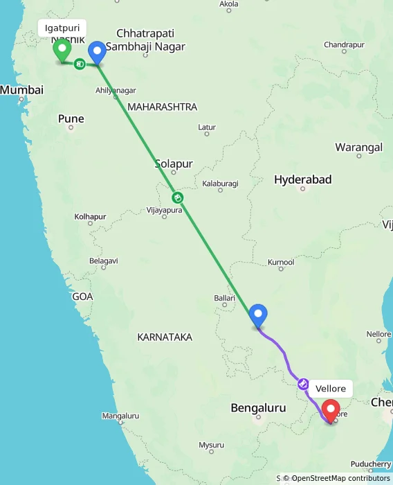Route map showing distance and travel time from Igatpuri, India to Vellore, India