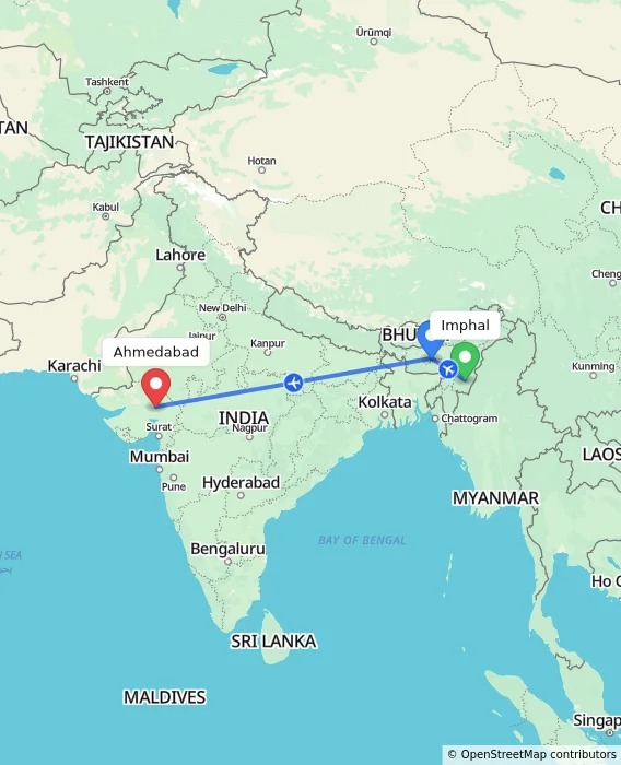 Route map showing distance and travel time from Imphal, India to Ahmedabad, India