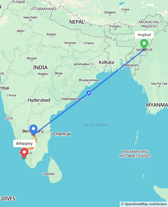 Route map showing distance and travel time from Imphal, India to Alleppey, India