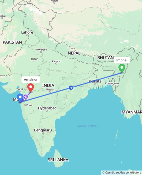 Route map showing distance and travel time from Imphal, India to Amalner, India