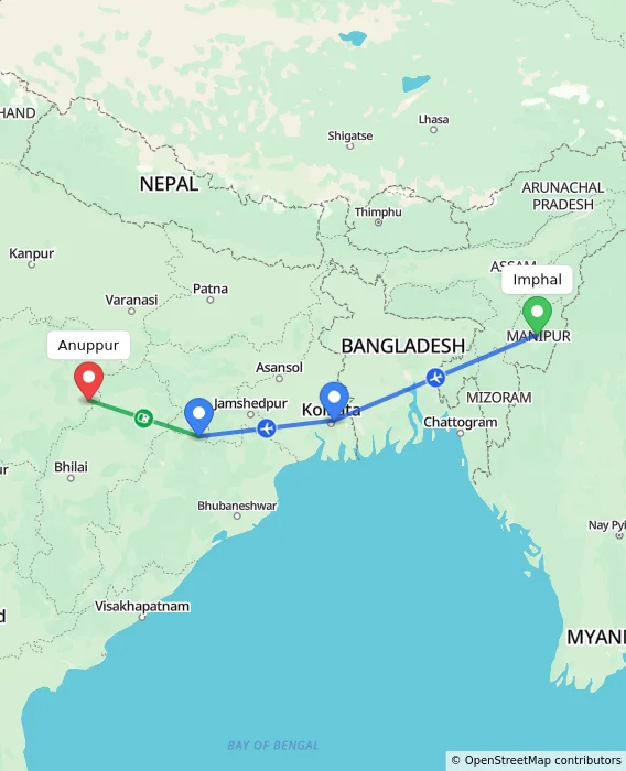 Route map showing distance and travel time from Imphal, India to Anuppur, India