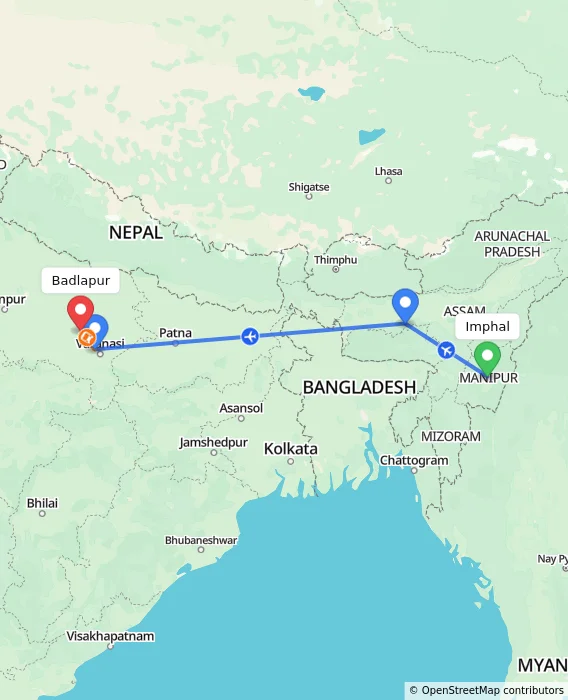 Route map showing distance and travel time from Imphal, India to Badlapur, India