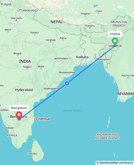 Route map showing distance and travel time from Imphal, India to Bangalore, India