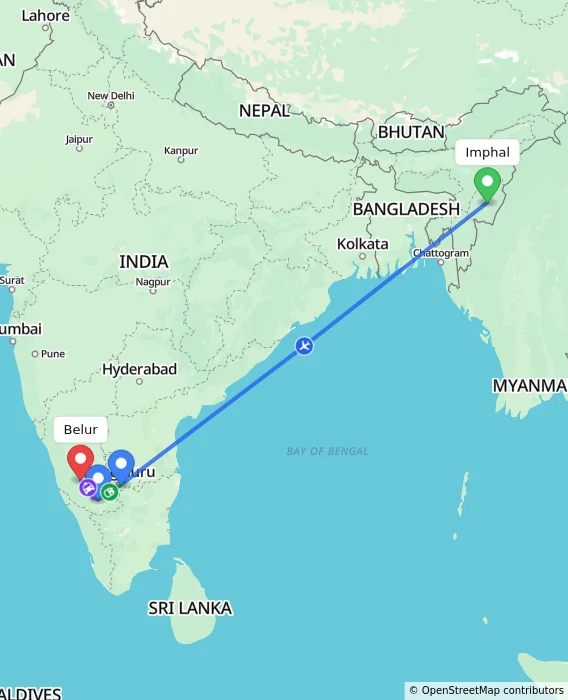 Route map showing distance and travel time from Imphal, India to Belur, India