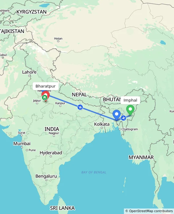 Route map showing distance and travel time from Imphal, India to Bharatpur, India