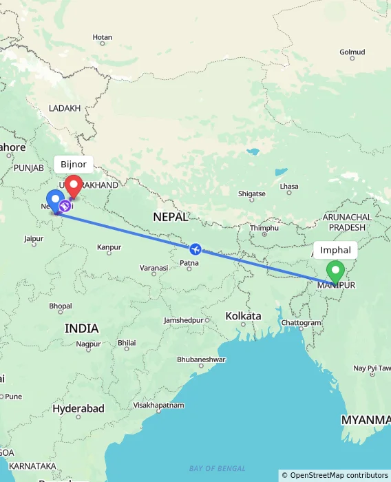 Route map showing distance and travel time from Imphal, India to Bijnor, India