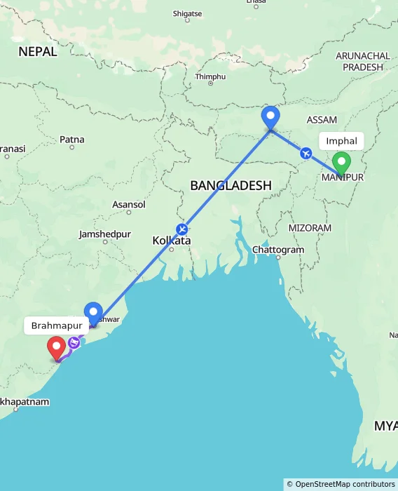 Route map showing distance and travel time from Imphal, India to Brahmapur, India