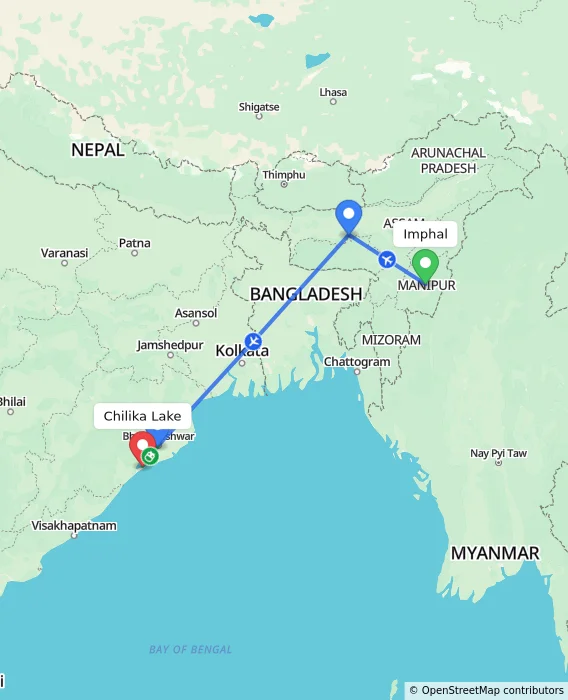Route map showing distance and travel time from Imphal, India to Chilika Lake, India