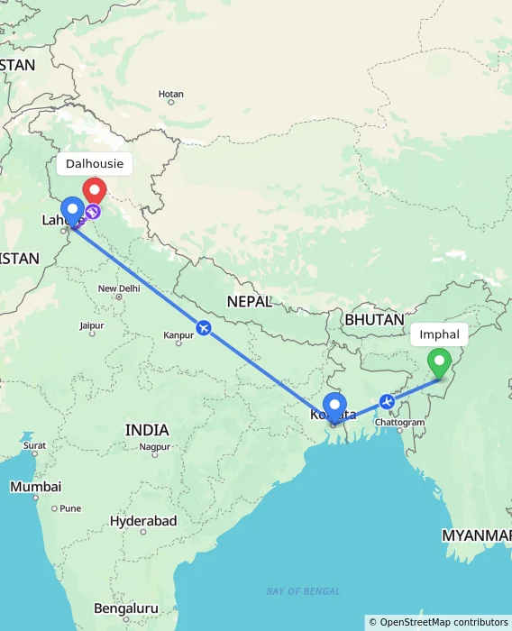 Route map showing distance and travel time from Imphal, India to Dalhousie, India