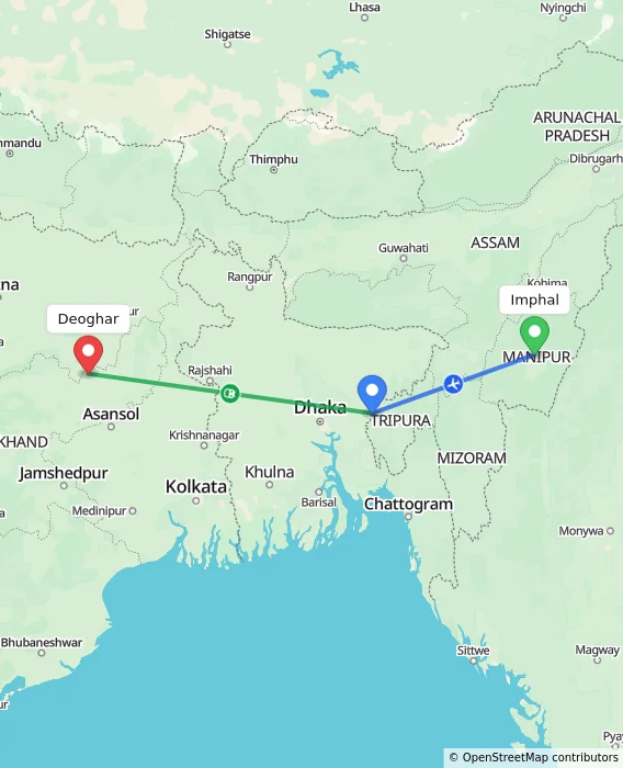 Route map showing distance and travel time from Imphal, India to Deoghar, India
