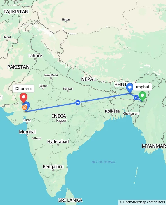 Route map showing distance and travel time from Imphal, India to Dhanera, India