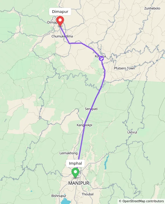 Route map showing distance and travel time from Imphal, India to Dimapur, India