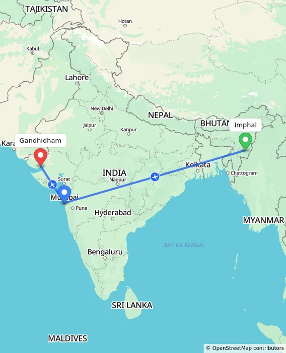 Route map showing distance and travel time from Imphal, India to Gandhidham, India