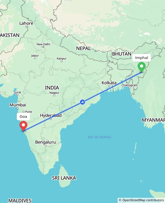 Route map showing distance and travel time from Imphal, India to Goa, India