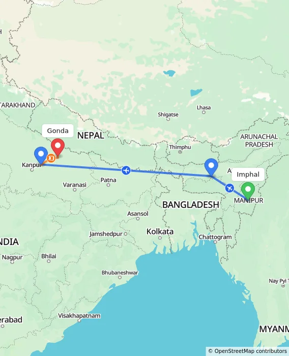 Route map showing distance and travel time from Imphal, India to Gonda, India